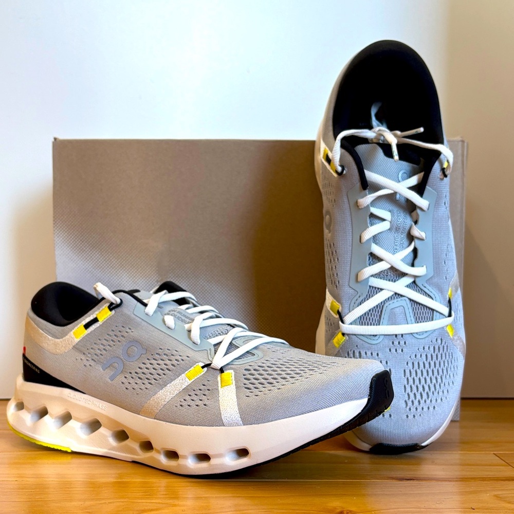 On Running Men's Light Gray and White Athletic Shoes with Yellow Accents